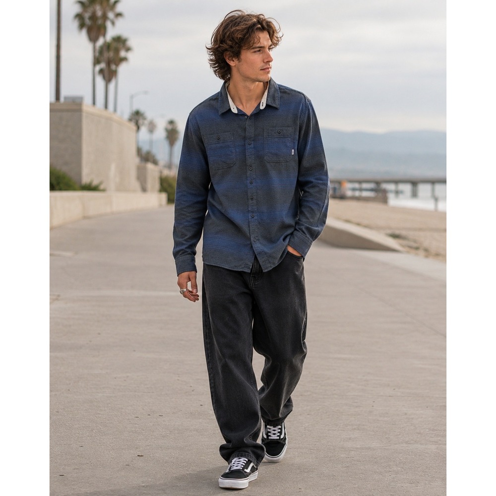 Vans Mens Gradient Stripe Flannel Button Up Shirt Blue Charcoal M Skater